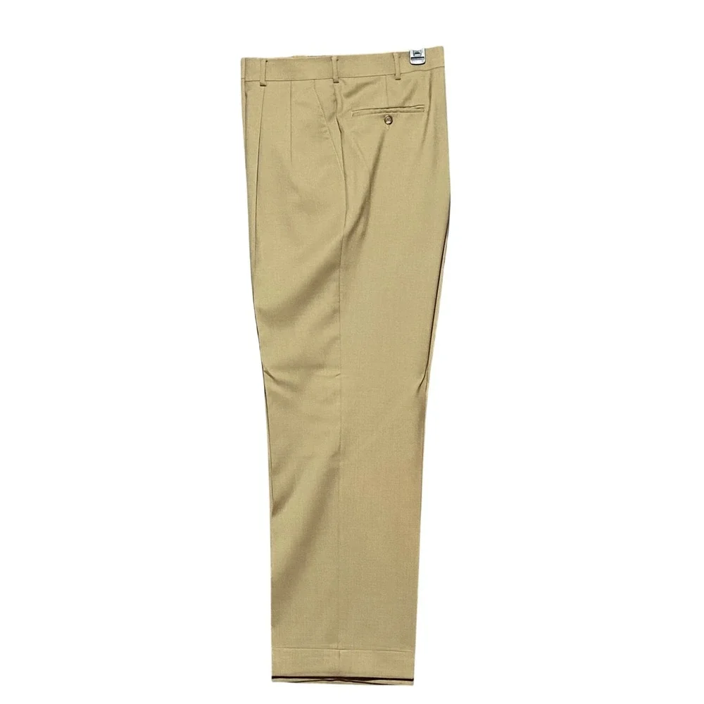Jos A‎ Bank Mens 40x30 Tan Khaki 100% Wool Pleated Cuffed Dress Pants Trousers